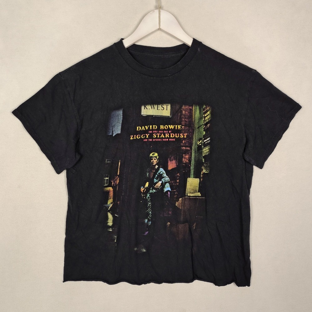 David Bowie Ziggy Stardust Graphic T-Shirt Black Raw Hem Cropped Rock Tee